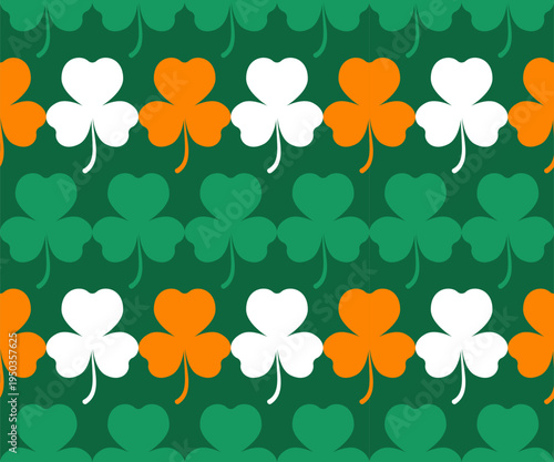 Shamrock Seamless Pattern with Irish Flag Colors. Three-Leaf Clover Endless Background.