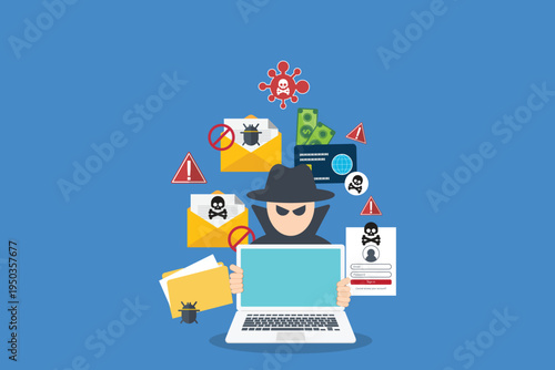 Cybersecurity Hacker Phishing Attack with Malware Virus Email Scam and Data Theft Online Fraud Security Threat Vector Illustration