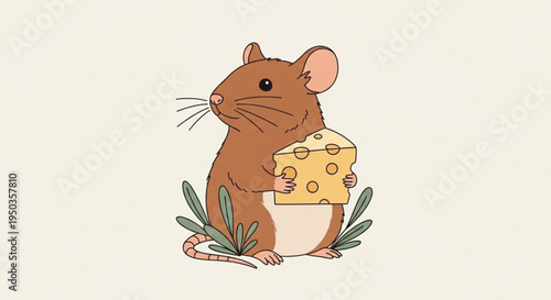 Brown mouse holding a large piece of cheese standing on hind legs with green leaves around cute cartoon illustration