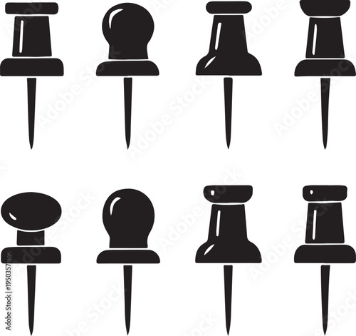 Black Push Pin and Thumbtack Icons Set, Office Stationery Silhouette Vector Illustrations