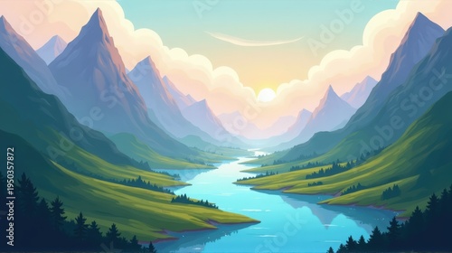 A picturesque illustration of a river winding through a lush green valley surrounded by majestic mountains at sunset.