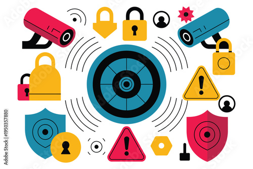 Comprehensive security system with surveillance cameras shields locks warning signs and human icons ensuring robust digital protection safety privacy