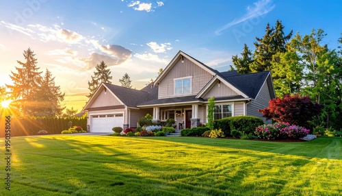 Beautiful Suburban Home with Lush Green Lawn and Sunny Sky at Sunset.
