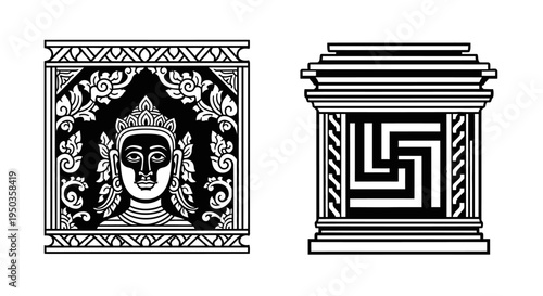 Ancient Buddhist Iconography: Buddha Face and Swastika Symbol on Decorative Pillars