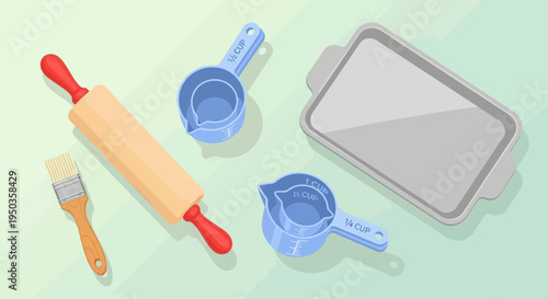 Baking Utensils Rolling Pin Measuring Cups Brush and Baking Sheet on Light Green Background