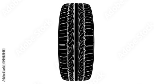 Close-up of a new car tire tread pattern, black and white, isolated on white background