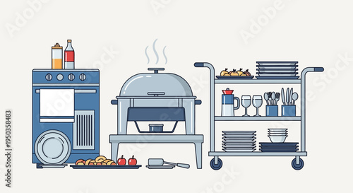 Catering Service Equipment: Oven, Chafing Dish, and Serving Cart with Food and Dishes