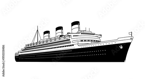 Classic Ocean Liner Cruise Ship Silhouette, Vintage Transport Illustration