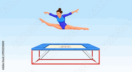 Female gymnast performing a split jump on a trampoline against a blue sky