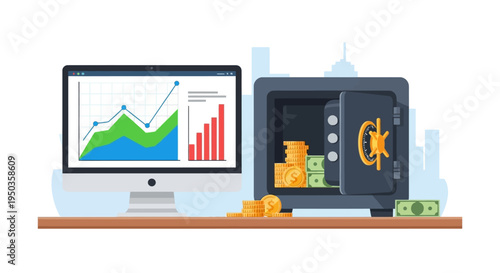 Financial Growth and Savings: Computer Chart and Open Safe with Money