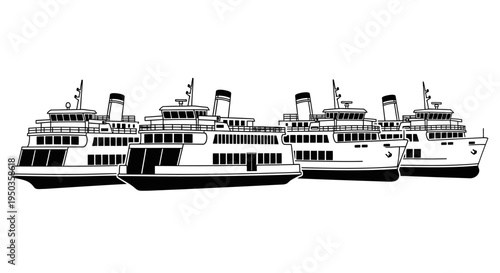 Fleet of Ferries Lined Up Side-by-Side, Transportation and Travel Concept, Black and White Illustration