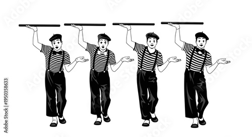 Four Mimes Walking in Line Carrying Invisible Objects on Trays