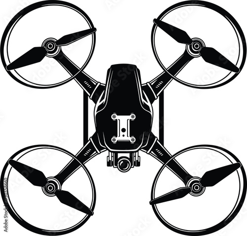 "Black and white top view illustration of quadcopter drone with protective rotor frames, mounted front camera, sleek modern body, ideal for aerial photography, surveillance, delivery, 