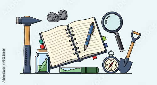 Geology Tools and Notebook: Hammer, Magnifying Glass, Compass, Shovel, Rocks, Specimen Jar