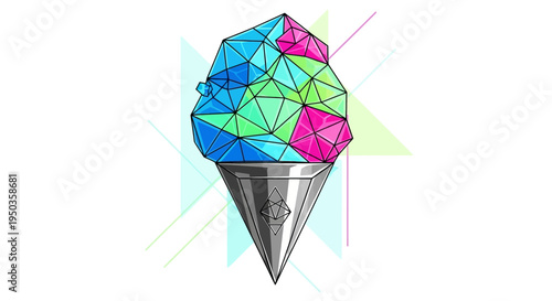 Geometric Snow Cone Ice Cream Abstract Art, Colorful Summer Treat, Polygonal Design
