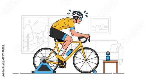 Man cycling indoors on a trainer, sweating, exercising at home for fitness