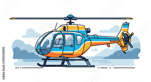 Modern Blue and Orange Helicopter Flying Over Abstract Landscape