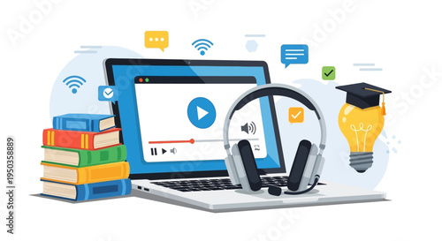 Online Learning Concept: Laptop, Books, Headphones, Graduation Cap Lightbulb, Education Technology