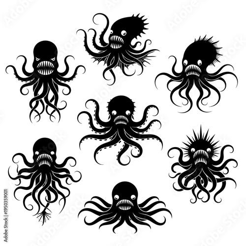 Scary Octopus Monsters, Kraken, Tentacles, Horror, Dark, Black and White Vector Illustrations