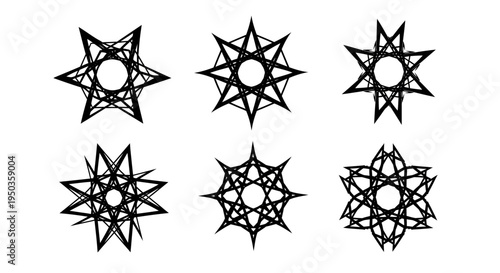 Set of 6 Abstract Geometric Starburst Ornaments, Black and White, Isolated on White Background