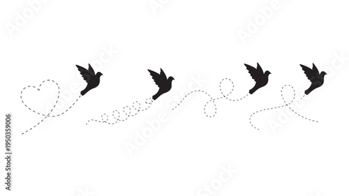 Pigeons silhouettes with dotted flight paths including a heart shape and swirls, symbolizing freedom and love.