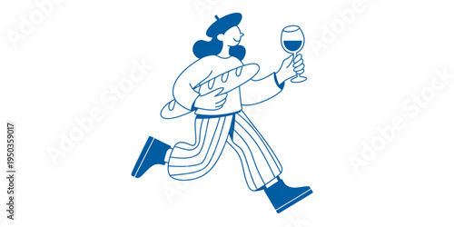 A stylized illustration of a woman wearing a beret running while holding a baguette and wine glass Vector
