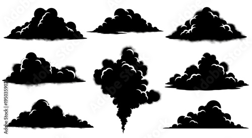 Set of Black Smoke Clouds and Explosions Silhouettes on White Background