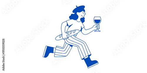 A woman wearing a beret running while holding a baguette and a glass of wine in a blue line art Vector