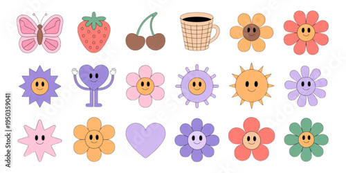 A collection of retro style groovy stickers featuring happy flowers butterflies and cute shapes Vector