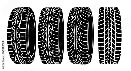 Set of Four Car Tires, Different Tread Patterns, Isolated on White Background