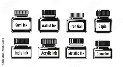 Set of Ink Bottles: Sumi, Walnut, Iron Gall, Sepia, India, Acrylic, Metallic, Gouache