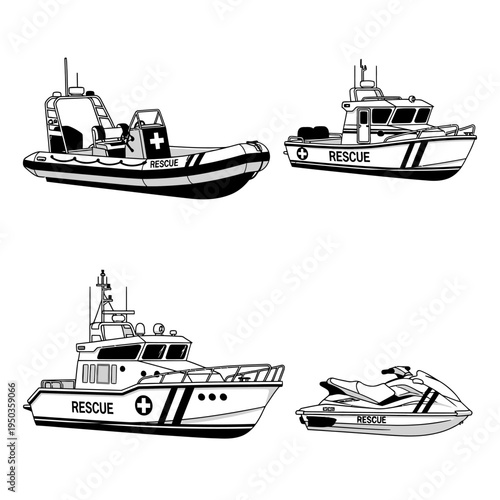 Set of Rescue Boats and Jet Ski, Emergency Watercraft Collection, Vector Illustration