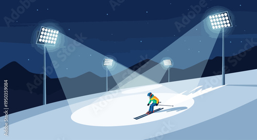 Skier racing down a slope at night under stadium lights, mountains in background