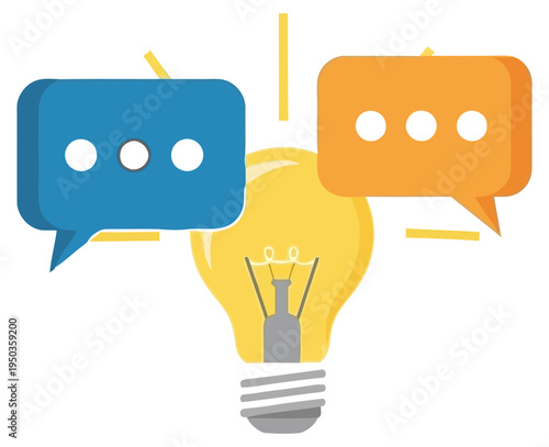 Bright ideas and communication concepts, represented by a glowing lightbulb and speech bubbles, symbolizing innovation and sharing thoughts and concepts for inspiration