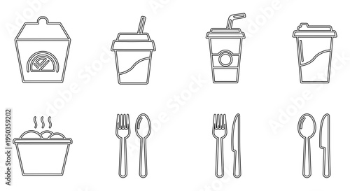 Streamlined outline icons for modern convenience food and beverage. Features takeout containers, drink cups, and dining cutlery for digital menus