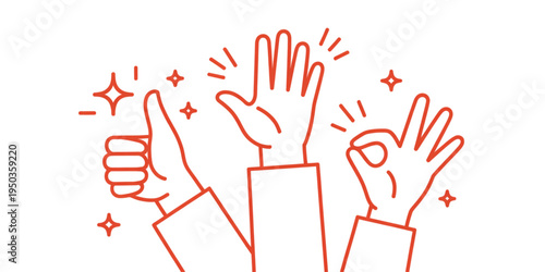 Three stylized hands showing a thumbs up gesture a raised open hand and an okay sign symbol Vector