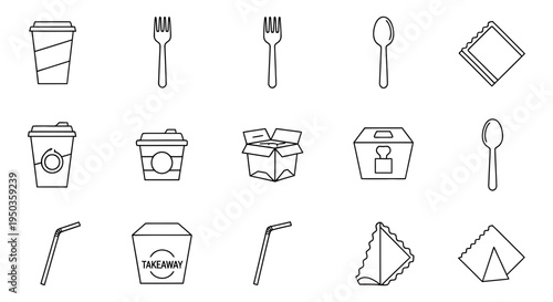 Outline vector icons for takeaway food and drink services, featuring disposable cups, cutlery, meal containers, straws, and napkins