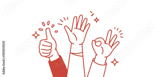 Three raised hands showing diverse gestures including thumbs up open palm and okay hand sign Vector