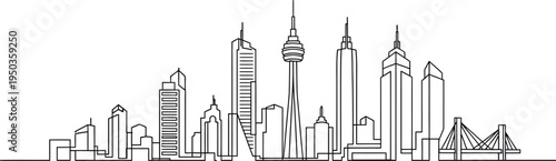 Modern one-line continuous drawing of a sprawling metropolitan city skyline featuring skyscrapers, a distinctive tower, and an elegant bridge illustration.