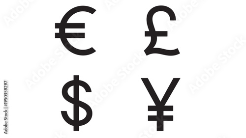 Currency symbols including Euro, Pound Sterling, US Dollar, and Japanese Yen are displayed in black against a white background.