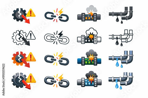 Industrial Failure Modes Icon Set Featuring Broken Gear with Warning Sign, Snapped Chain Link, Exploding Pipe, and Leaking Water Pipes in Multiple Styles for Maintenance and Repair Concepts