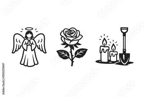 Funeral and memorial service line icons set featuring a praying angel with wings, a blooming rose flower, and glowing candles with a shovel, symbolizing grief, loss, remembrance, and mourning.