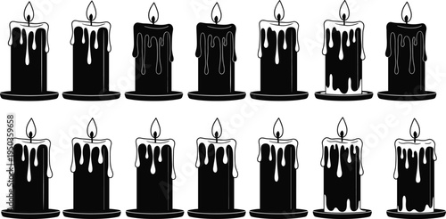 Melting candle silhouettes collection with burning wax drips and flame variations, spooky decorative candle set, isolated black vector illustration for Halloween theme