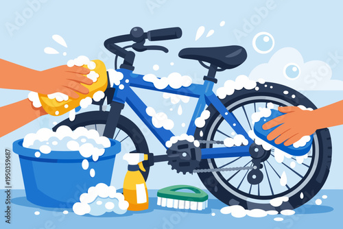 Hands washing a blue bicycle with soapy water and sponges. Flat vector illustration of bike maintenance and cleaning routine with bucket, brush, and spray bottle for hobby and lifestyle theme.