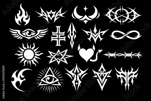 Neo Tribal Cyber Sigilism Vector Set with Premium Abstract Shapes for Modern Tattoo Designs, Y2K Streetwear Graphics, Gothic Symbols, Fire, Sun, All Seeing Eye, Heart, and Barbed Wire Icons.