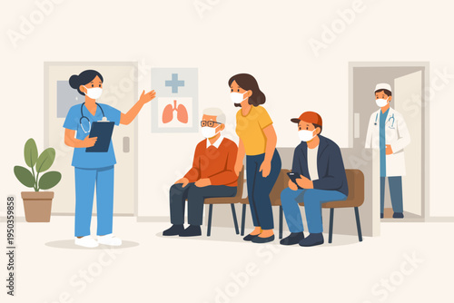 Nurse in Blue Scrubs Calling Patients in a Hospital Waiting Room During an Epidemic, People Wearing Face Masks for Safety in a Medical Clinic, Flat Vector Illustration of Healthcare Services