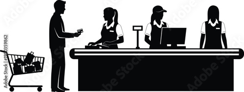 Supermarket checkout counter silhouettes, cashier staff serving customer with shopping cart, retail store payment scene, grocery purchase process, isolated black vector illustration