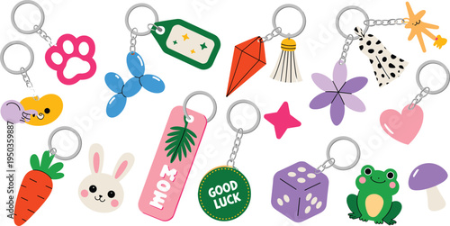 Cute kawaii keychain charm collection, colorful cartoon accessories set with bunny, frog, carrot, dice, mushroom, playful vector icons