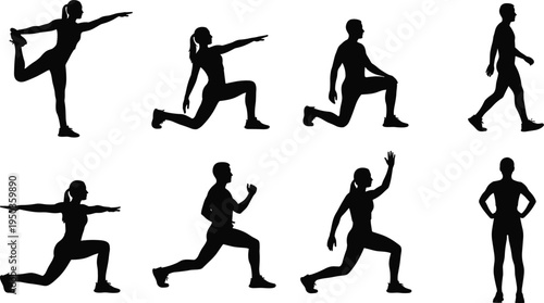 Fitness exercise silhouettes set, people stretching, lunges, warm up workout poses, yoga balance, walking figure, healthy lifestyle training illustration, isolated black vector