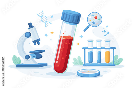 Medical Research and Laboratory Diagnostics Concept with Test Tube Holding Blood Sample, Microscope, DNA Helix, and Scientific Equipment in a Clean Flat Vector Illustration for Healthcare Design